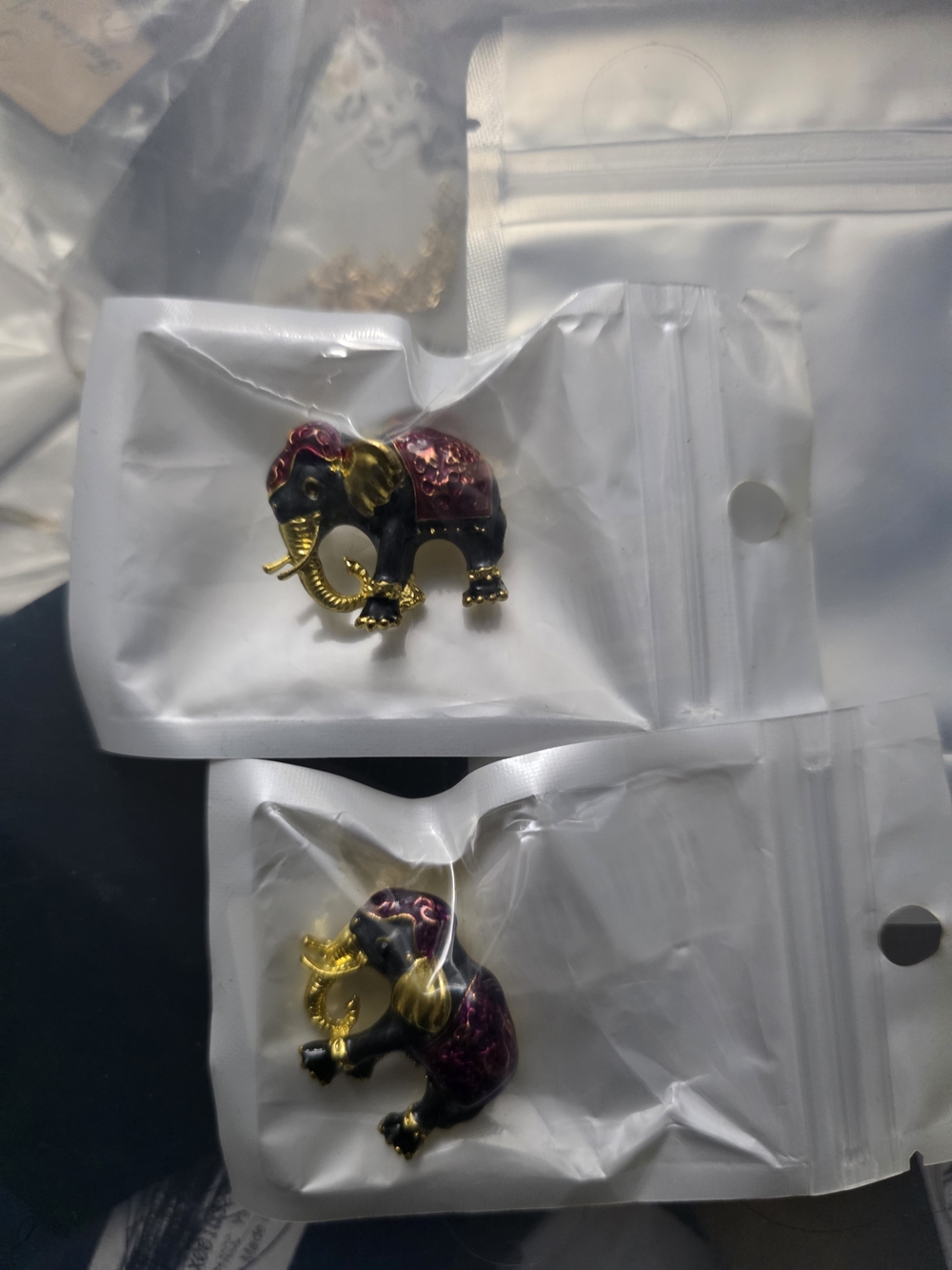 Enamel Elephant Brooch Pin - Black & Purple with Gold Accents